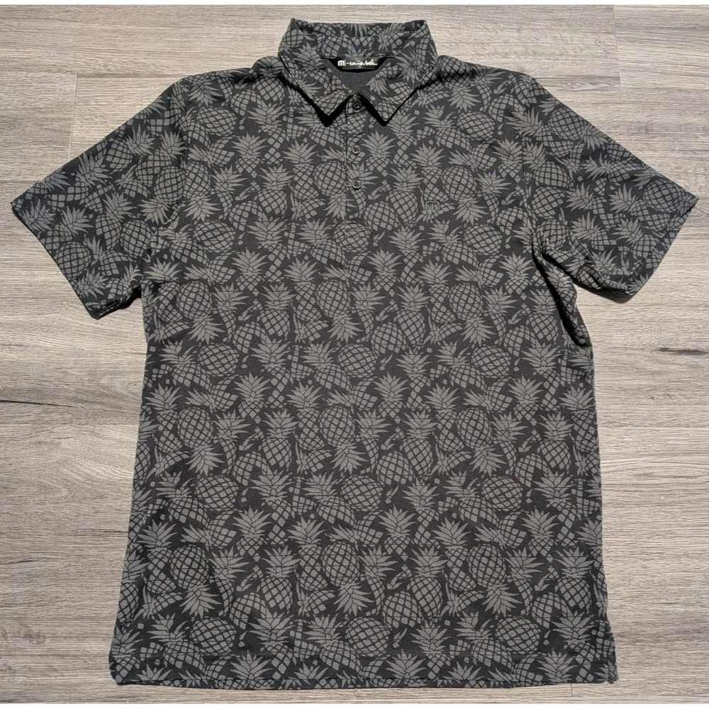 Travis Mathew Men's Black Gray Pineapple Print Pima Cotton Blend Polo Size Large